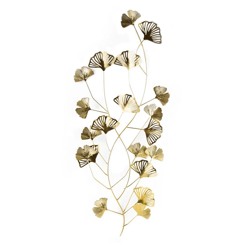 Ginkgo Wandskulptur - 75 cm - zum Aufhängen - Wanddeko aus Metall in Gold