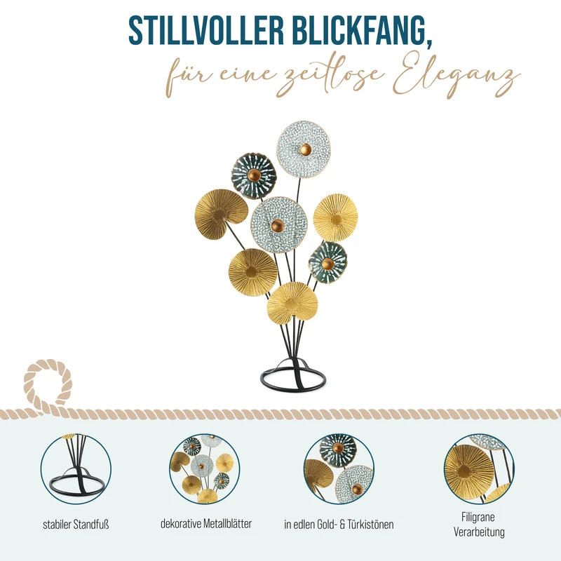 Dekoobjekt zum Hinstellen 53 cm - Blätter aus Metall gold türkis