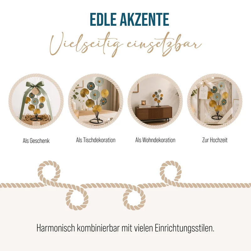 Dekoobjekt zum Hinstellen 53 cm - Blätter aus Metall gold türkis