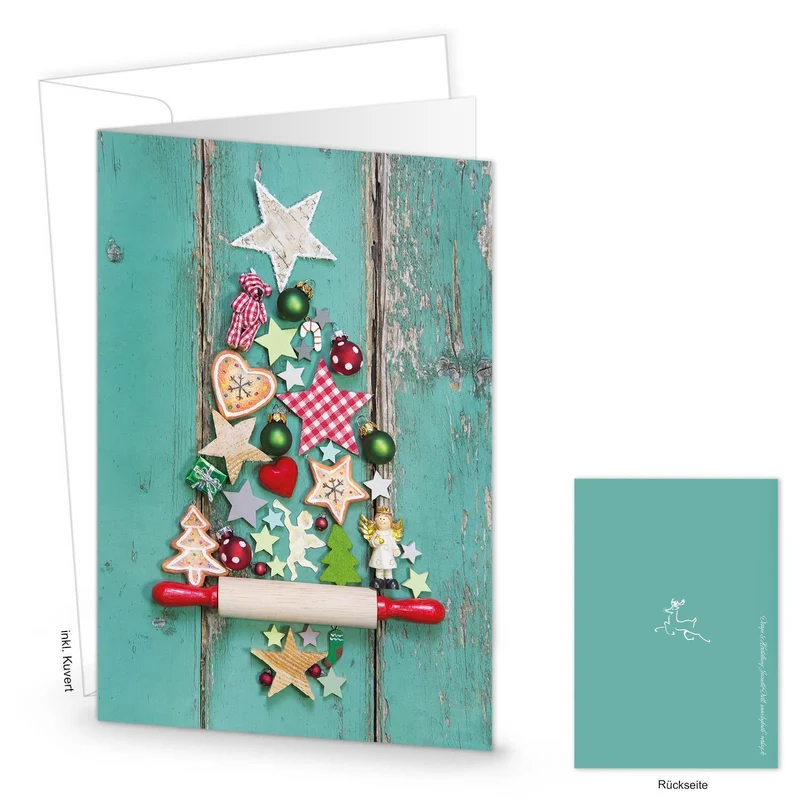 Weihnachtskarten DIN A6 hoch Klappkarten mit Umschlag – Weihnachtsbaum türkis-grün-bunt