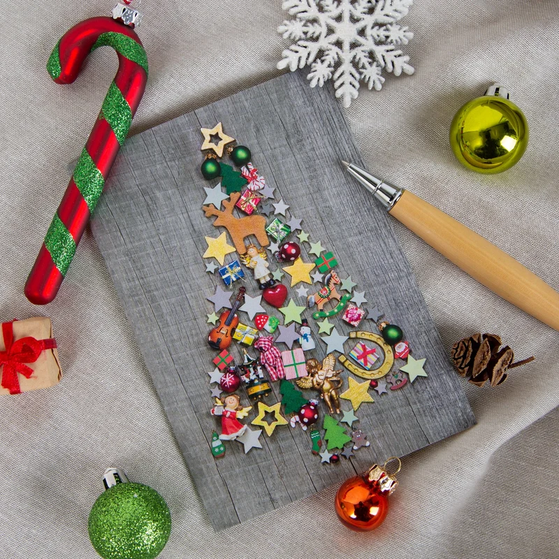 Weihnachtskarten DIN A6 hoch Klappkarten mit Umschlag – Weihnachtsbaum grau-bunt