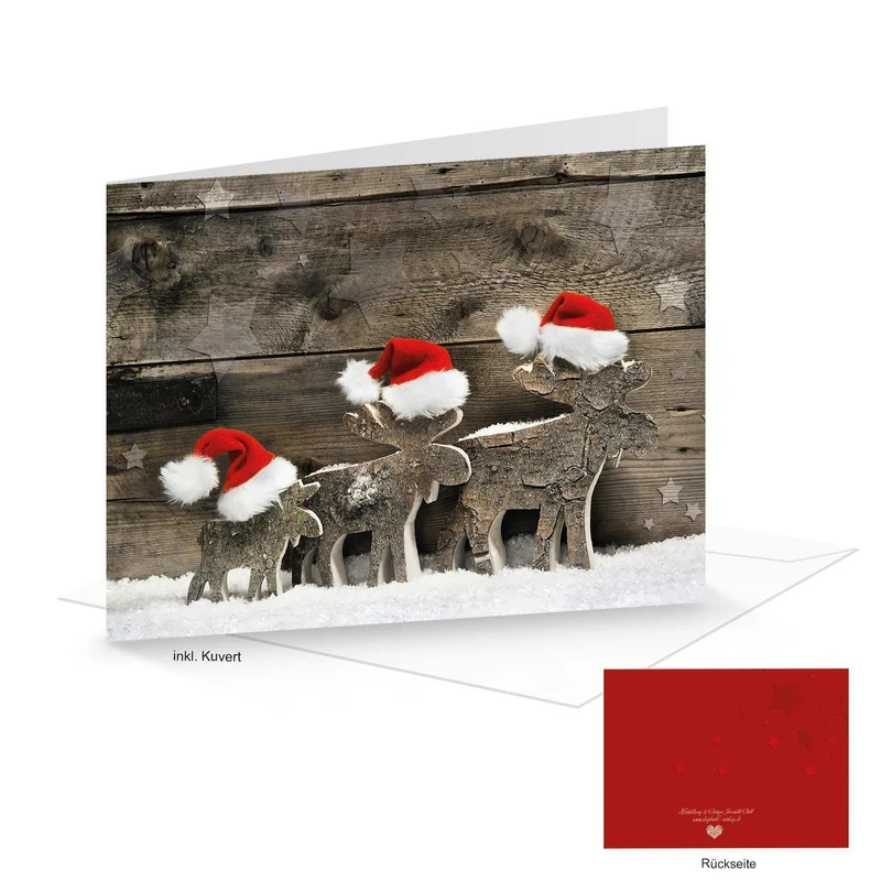 Weihnachtskarten DIN A6 quer Klappkarten mit Umschlag – Rentier rot-weiß in Holzoptik