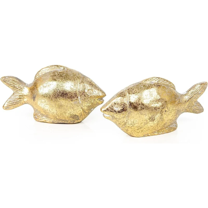 2 Deko-Fische Figuren Vintage in Antik-Gold Terrakotta - Maritime Dekoration 12 cm