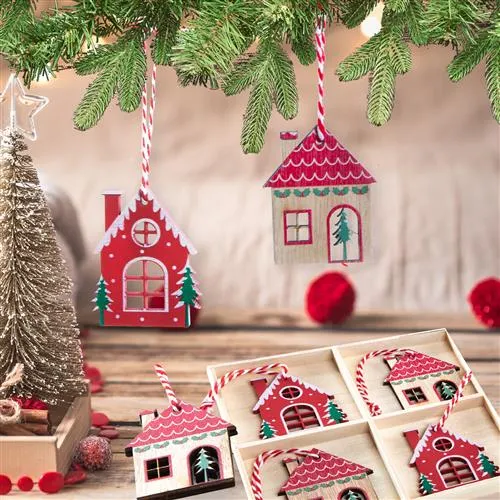 8 kleine Häuser als Weihnachtsanhänger Natur rot weiß