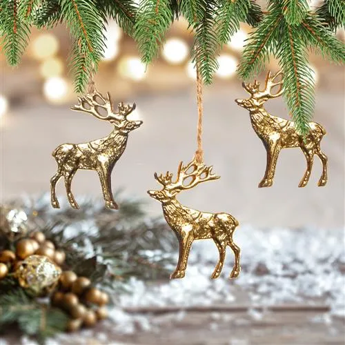 3 goldfarbene Hirschanhänger aus Metall 7,5 cm + 10 cm + 12 cm - Weihnachtsanhänger gold