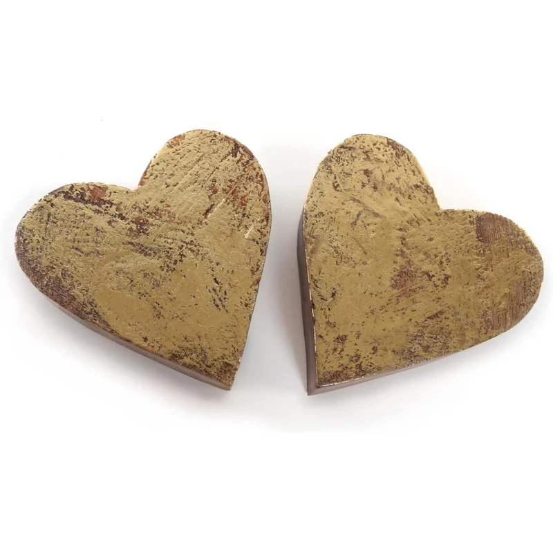 2 große massive Holz Herzen - 14 cm goldfarben zum Hinstellen