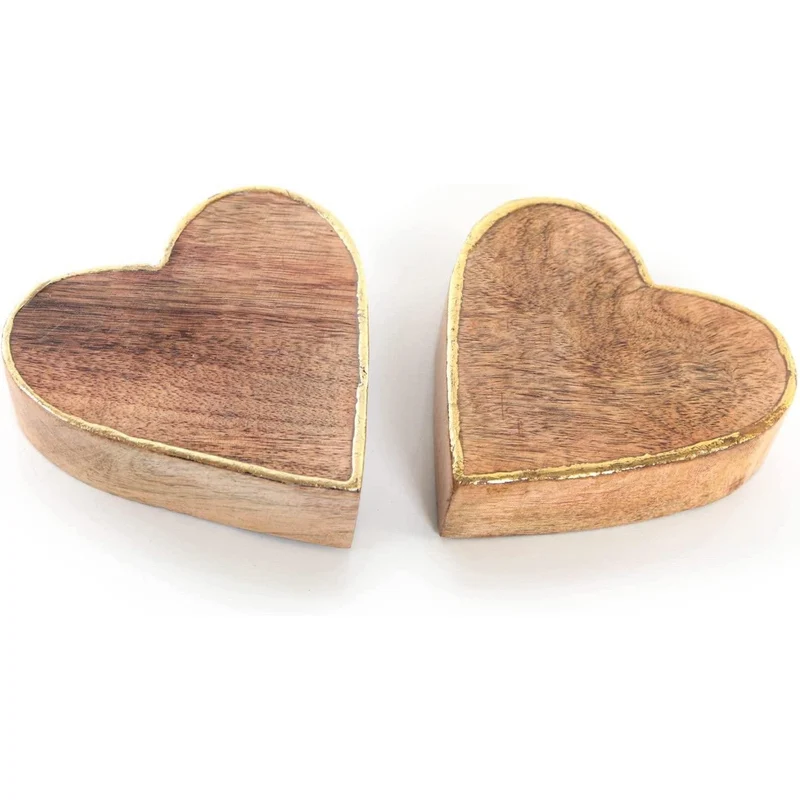 2 große massive Herzen - 15 cm braun gold aus Mangoholz