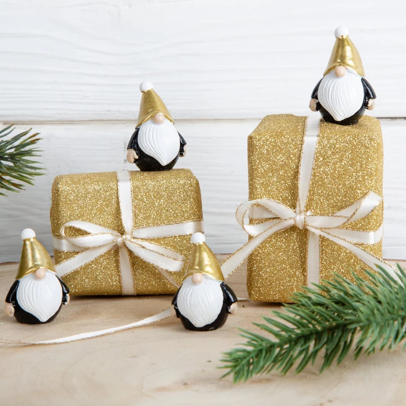 4 Wichtel Figuren - 4 cm schwarz weiß gold - Nikolaus Santa