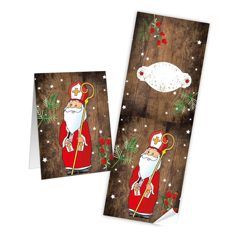 Rote Henkeltüten 18 x 8 x 22 cm mit Weihnachtsbanderole „Heiliger Nikolaus“ zum Beschriften