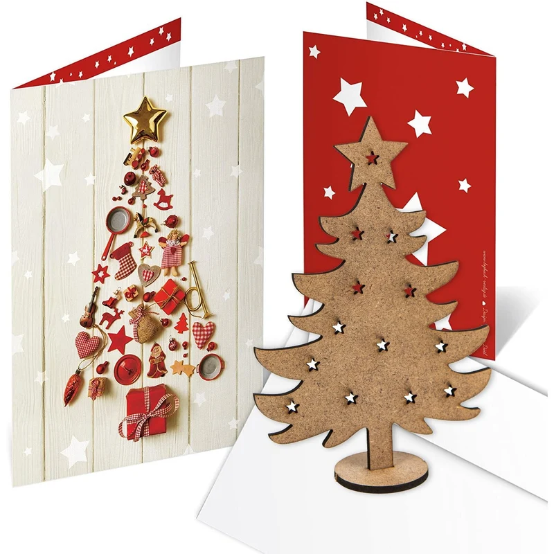 3 Weihnachtskarten DIN A6 Klappkarten mit Umschlag – rot innen blanko mit Mini-Weihnachtsbaum aus Holz