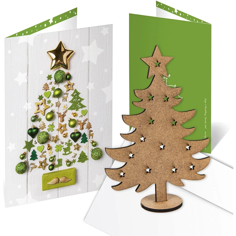 3 Weihnachtskarten DIN A6 Klappkarten mit Umschlag – innen blanko mit Mini-Weihnachtsbaum aus Holz