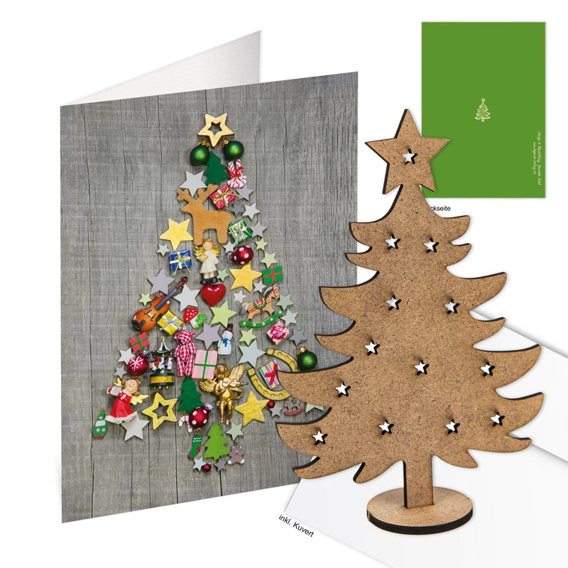 10 Weihnachtskarten DIN A6 Klappkarten mit Umschlag – Weihnachtsbaum grau-bunt mit Mini-Weihnachtsbaum aus Holz
