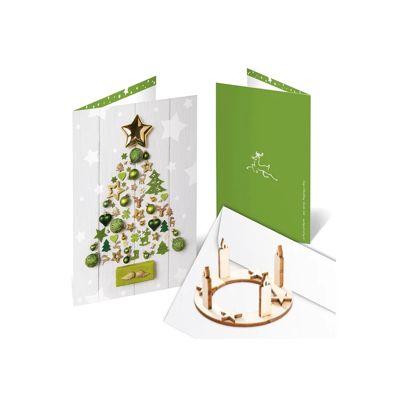 3 Weihnachtskarten DIN A6 Klappkarten mit Umschlag – grün-grau mit Mini-Adventskranz aus Holz