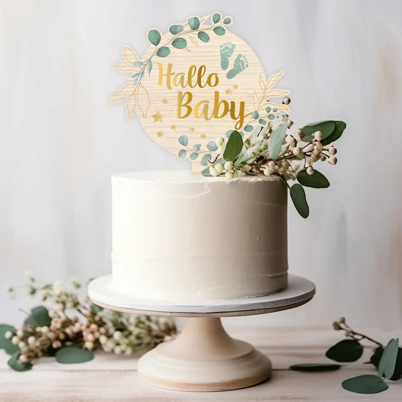 Cake Topper Babyparty Hallo Baby Tortendeko Eukalyptus