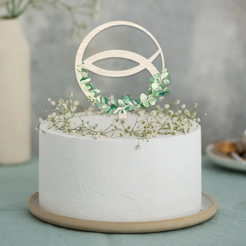 Cake Topper Fisch Eukalyptus Tortendeko für Kommunion & Taufe 20 cm
