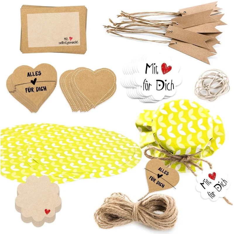 Einmach-Set 10 Schmuckdeckchen + 50 Sticker + Kraftpapier-Anhänger
