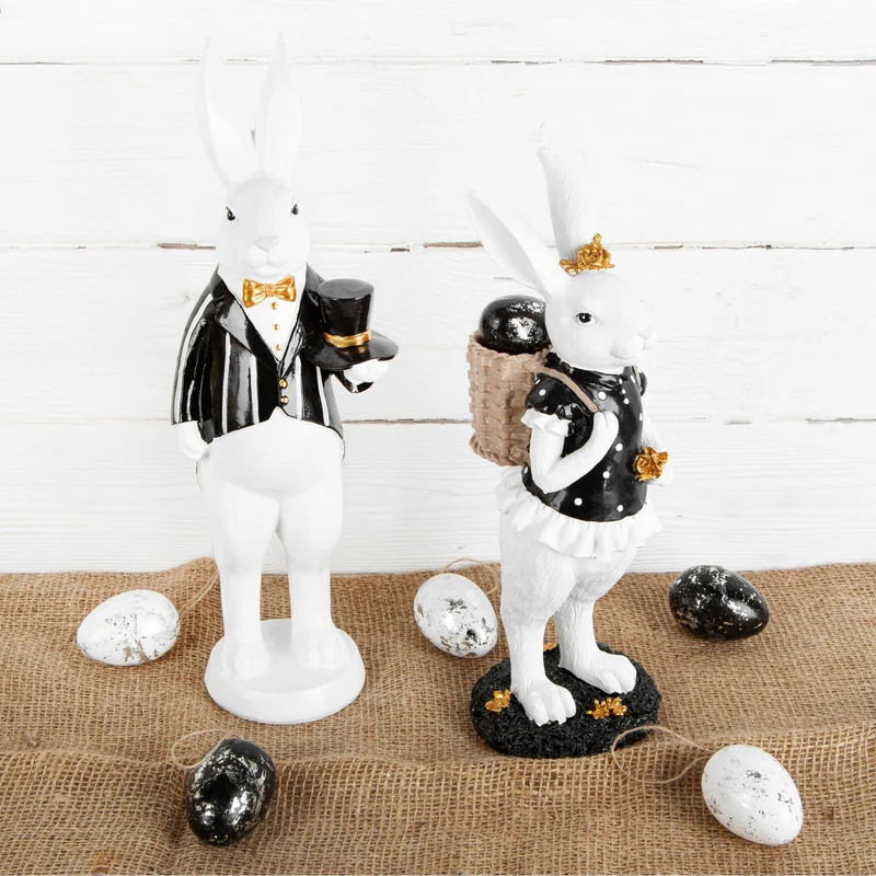 Elegantes Hasen Paar 30 cm Osterhasen schwarz weiß Gold
