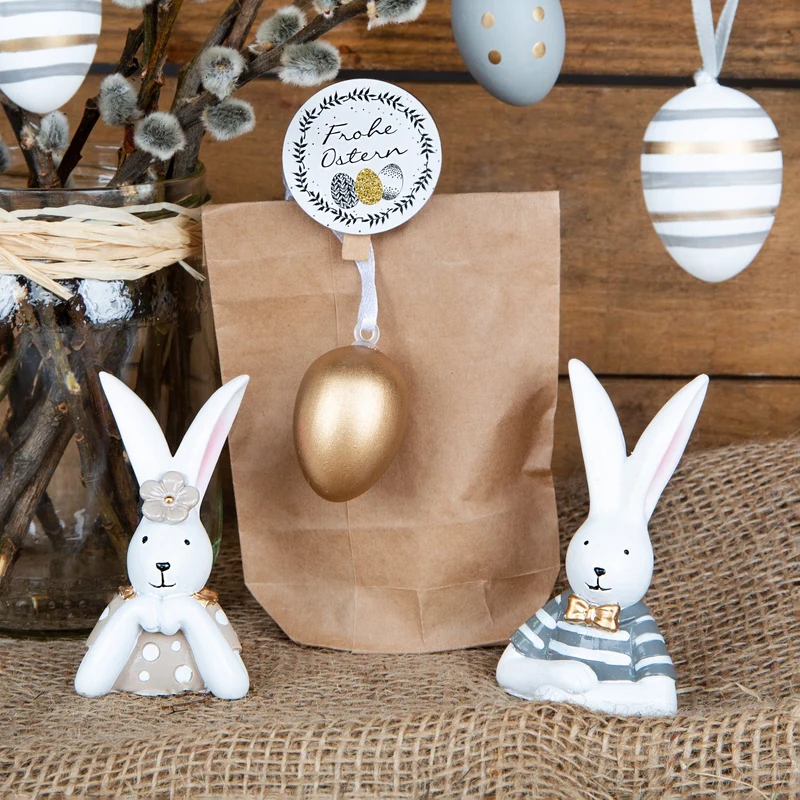 2 Osterhasen Dekofiguren Mann + Frau beige grau weiß 8 cm