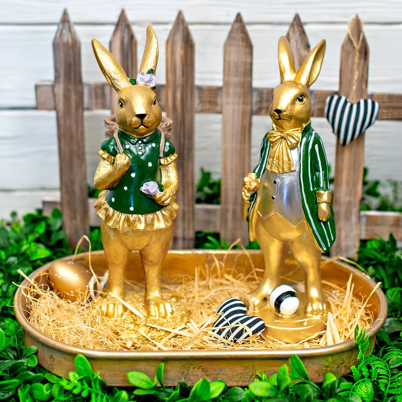2 edle Osterhasen Dekofiguren Hasen Paar Gold grün 30 cm