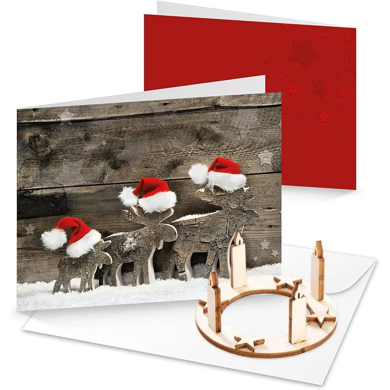 10 Weihnachtskarten Klappkarten mit Umschlag – Rentier rot-braun mit Mini-Adventskranz aus Holz