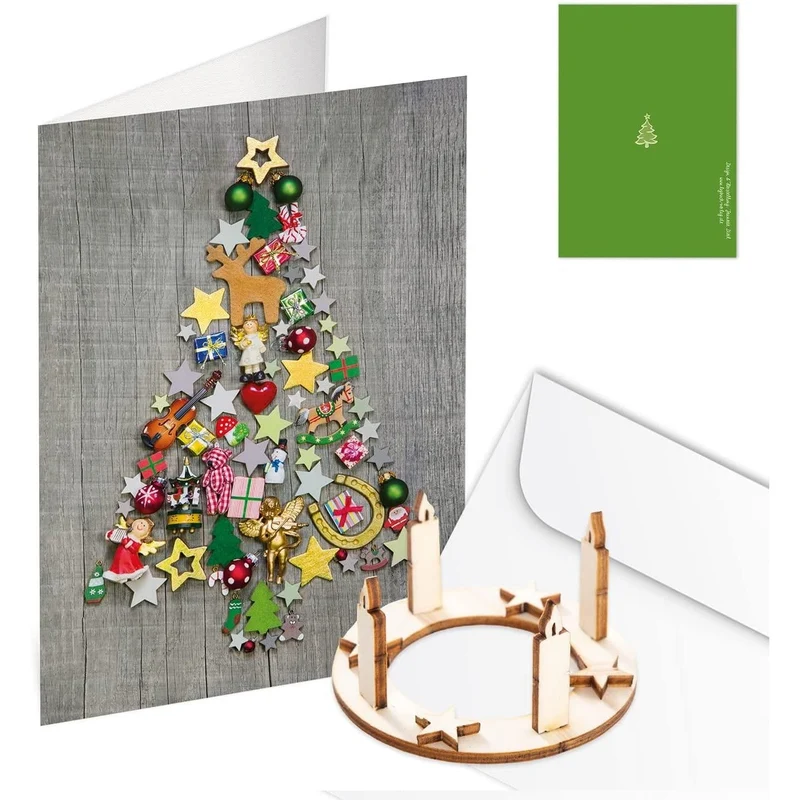 3 Weihnachtskarten Klappkarten mit Umschlag – Grußkarten mit Mini-Adventskranz aus Holz