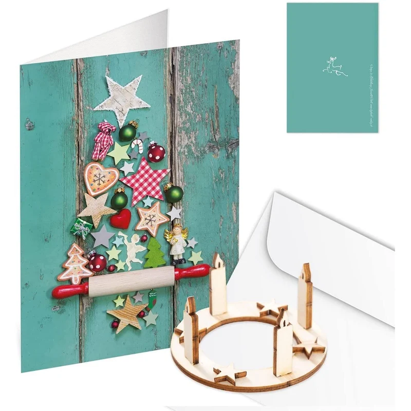 3 Weihnachtskarten Klappkarten mit Umschlag – türkis-bunt mit Mini-Adventskranz aus Holz