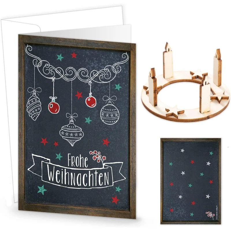 10 Weihnachtskarten Klappkarten mit Umschlag – mit Mini-Adventskranz aus Holz