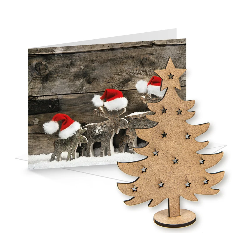 10 Weihnachtskarten DIN A6 Klappkarten mit Umschlag – mit Mini-Weihnachtsbaum aus Holz