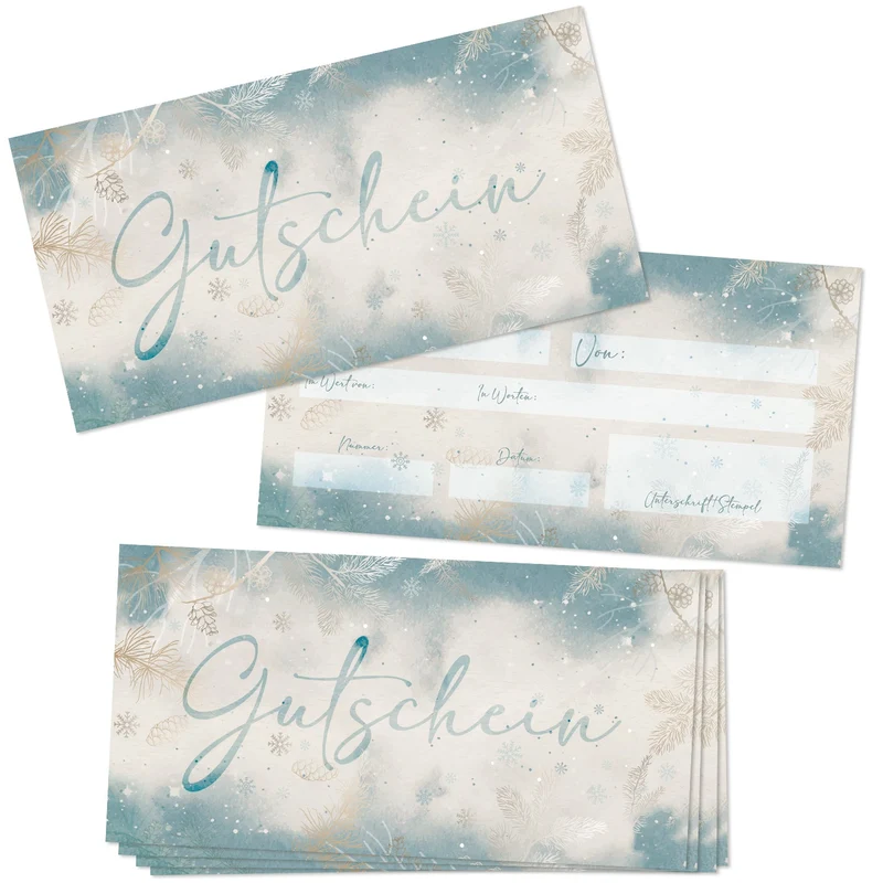 Weihnachtsgutscheine blanko DIN lang in Blau-Silber, 10 Stück