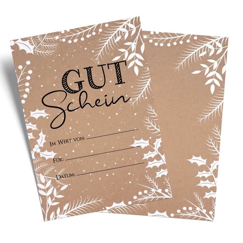 Weihnachtsgutscheine DIN A6 in Kraftpapier-Optik mit weißen Zweigen, 10 Stück