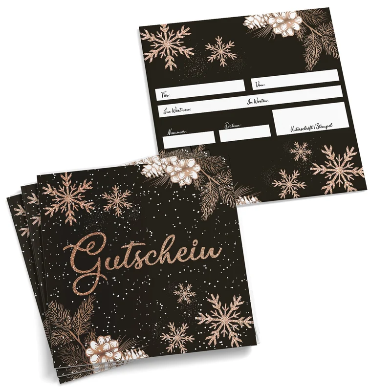 Weihnachtsgutscheine quadratisch 14,8 cm in Schwarz-Gold, 10 Stück