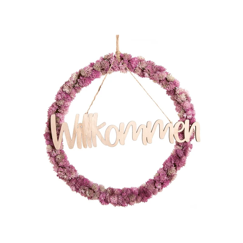 Dekokranz aus Kunstblumen pink mit Text Holzschild WILLKOMMEN