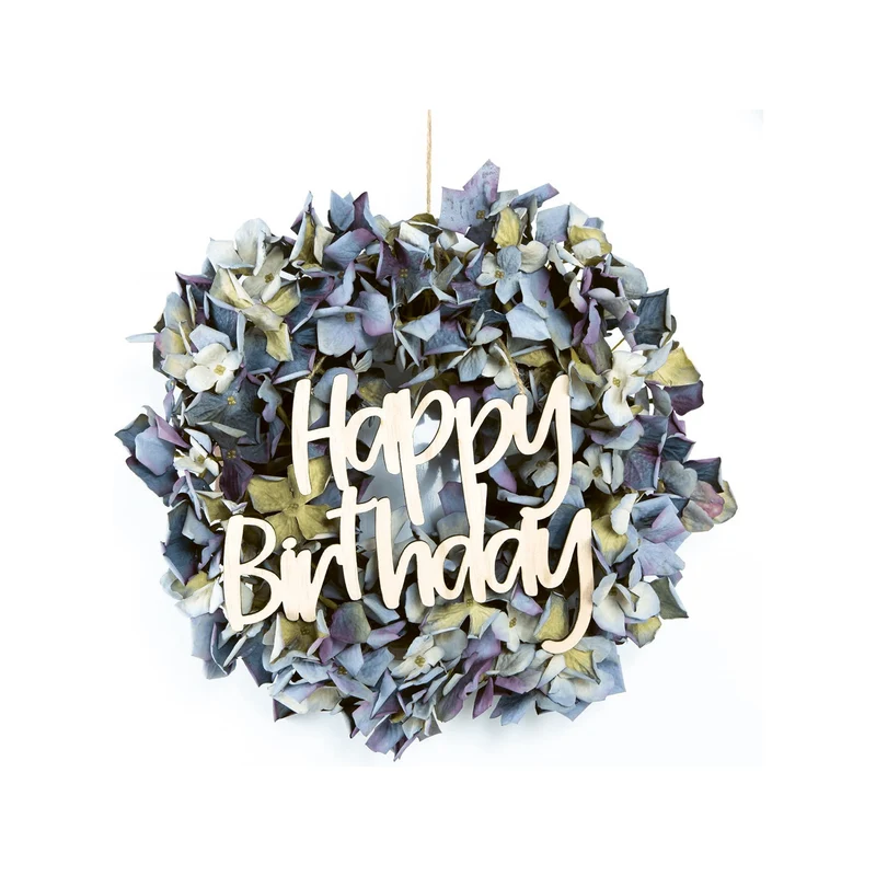 Künstl. Hortensienkranz blau mit Text Schild Happy Birthday