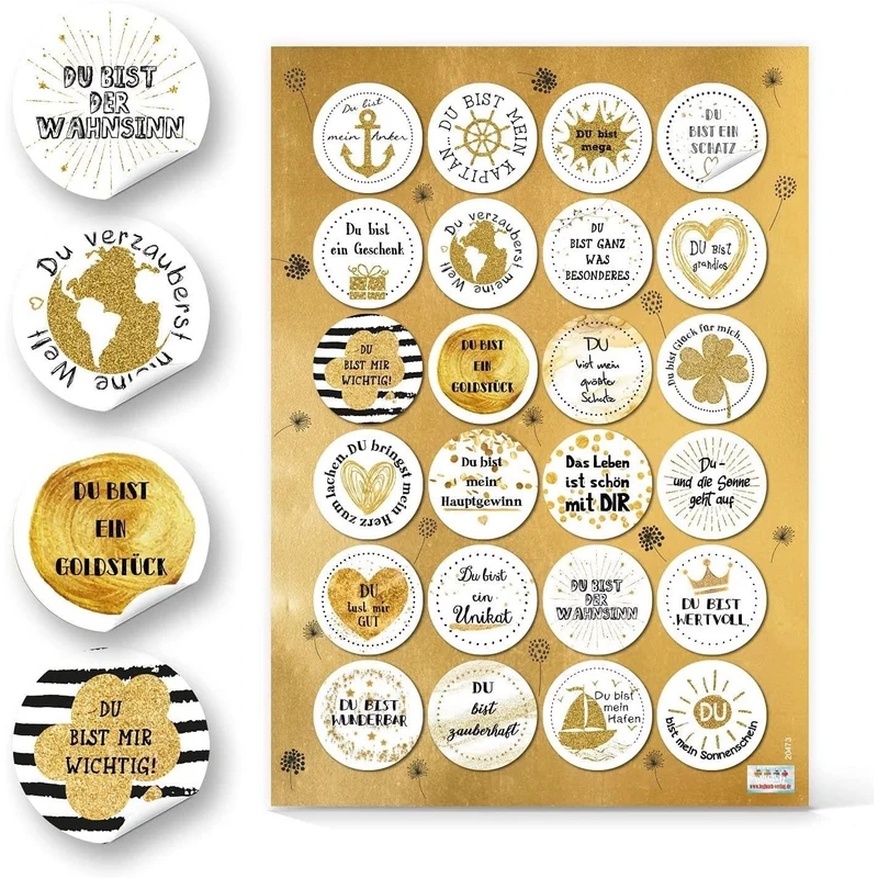 4 x 24 Geschenkaufkleber rund Ø 4 cm - schwarz weiß gold