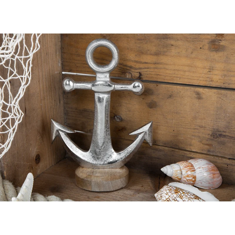Große Anker Figur zum Hinstellen - 22 cm Silber braun aus Metall & Holz - Dekoanker als Maritime Deko
