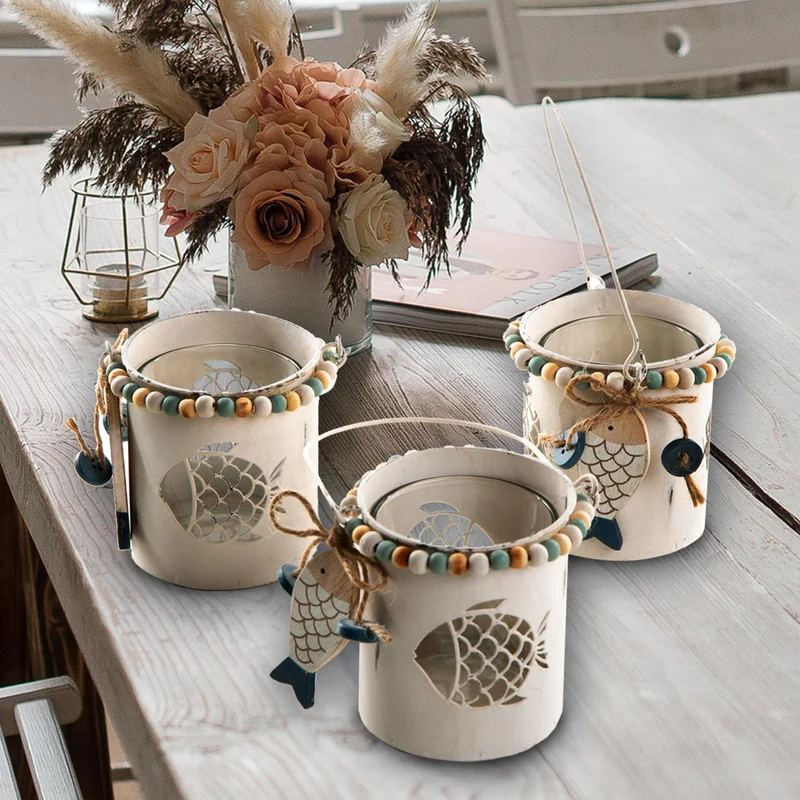 3 Maritime Teelichthalter aus Metall + Glas mit Holzfisch - kleine Windlichter mit Henkel als Deko
