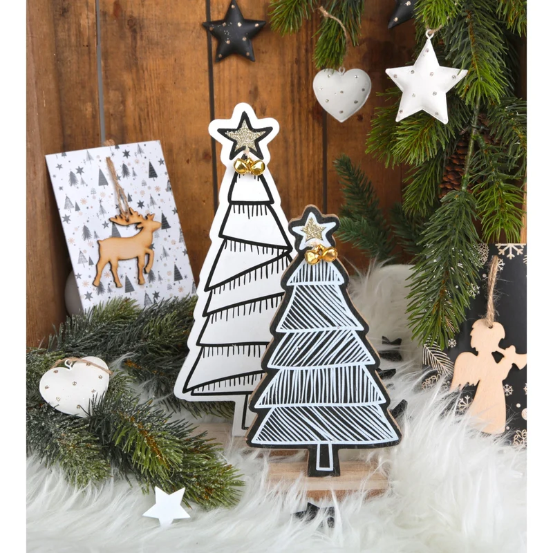 2 Weihnachtsbaum Figuren aus Holz Natur schwarz weiß - 19,5 + 25,5 cm