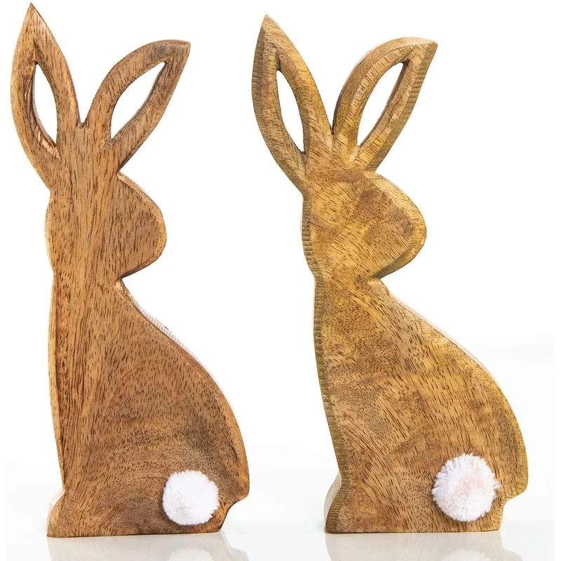2 Holzhasen braun mit Puschel - Osterhasen Figuren zum Hinstellen