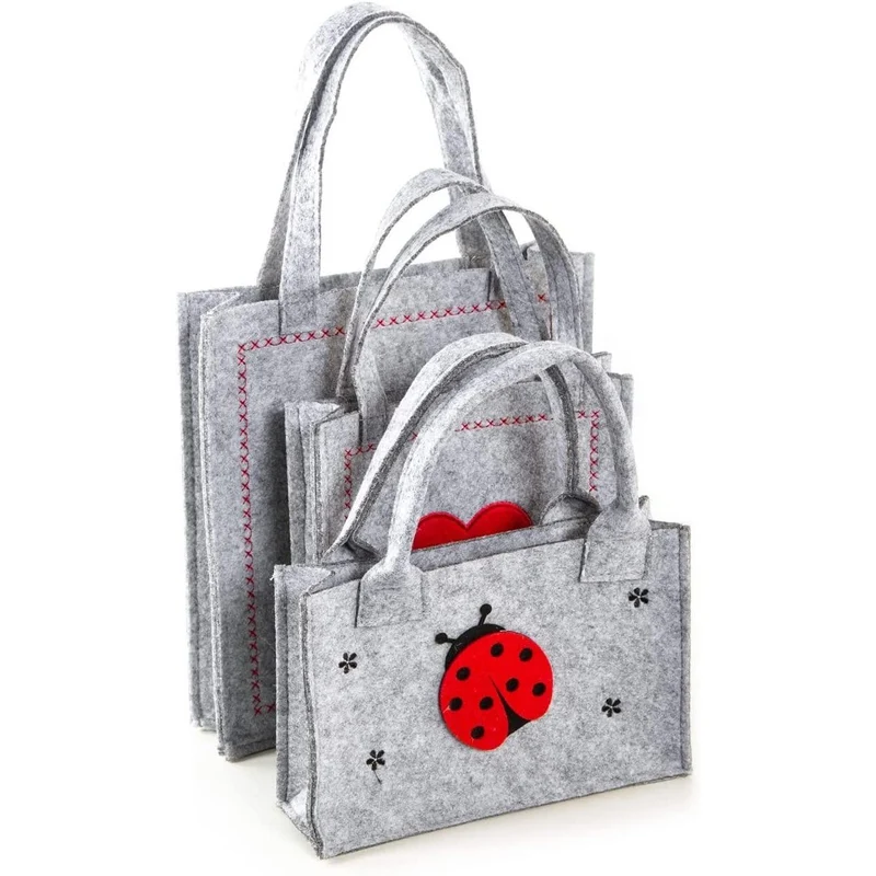 3 Filztaschen mit Henkel grau rot - Marienkäfer & Herz-Motiv - Geschenktaschen in 3 Größen - Geschenkbeutel Ostern aus Filz