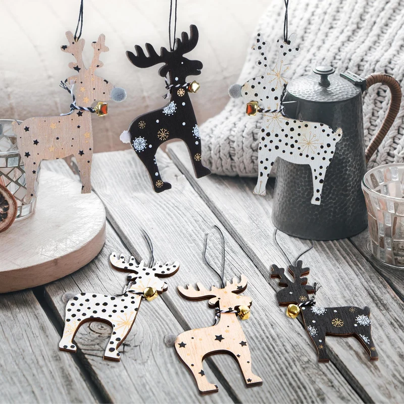 6 Elch Weihnachtsanhänger aus Holz Natur schwarz weiß - mit Glöckchen