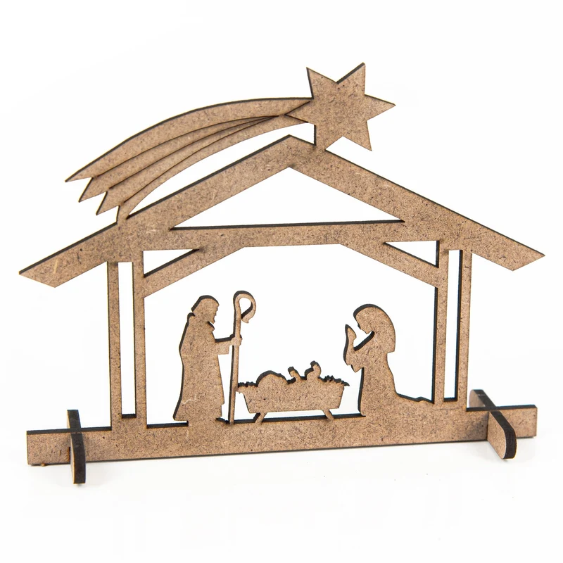 3 Weihnachtskarten quadratisch Klappkarten mit Umschlag – Sterne schwarz-weiß mit Mini-Krippe aus Holz