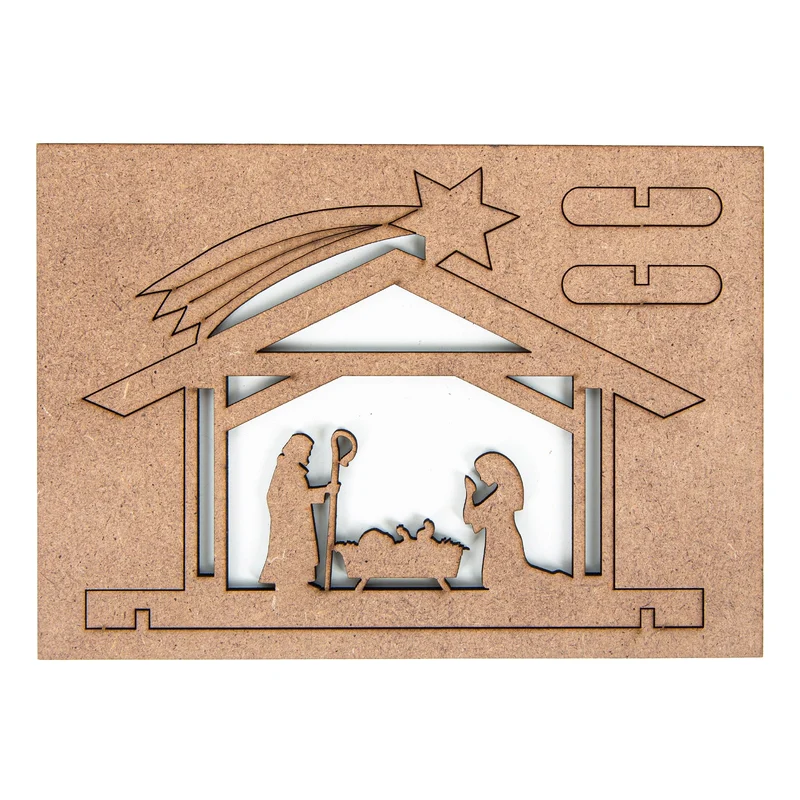 3 Weihnachtskarten quadratisch Klappkarten mit Umschlag – Sterne schwarz-weiß mit Mini-Krippe aus Holz