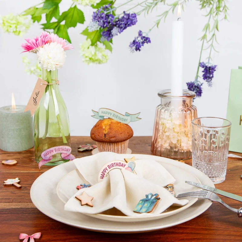 10 Happy Birthday Serviettenringe - Geburtstag Tischdeko bunt