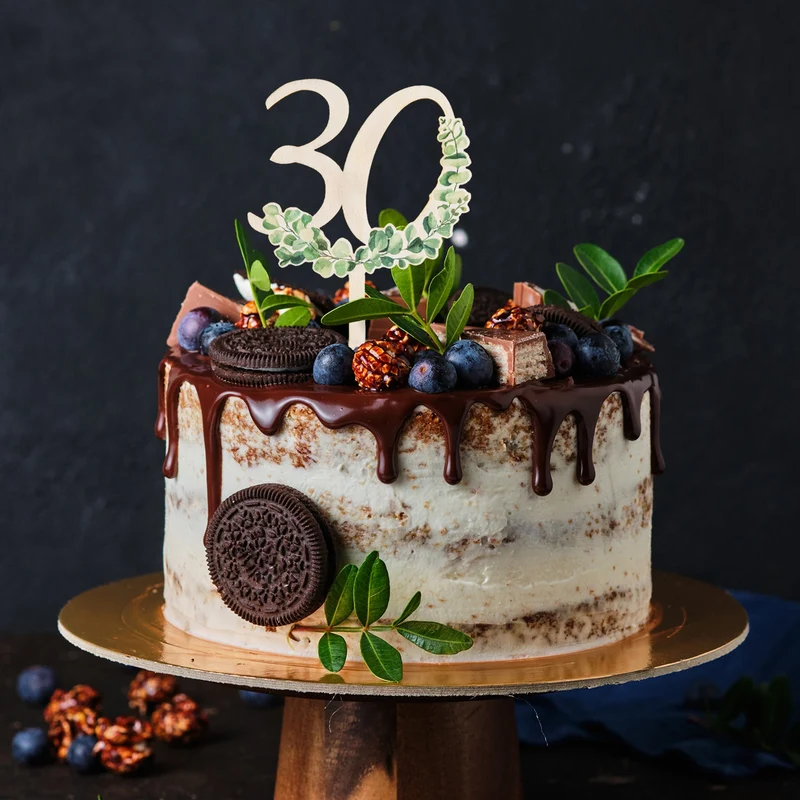 30. Geburtstag Cake Topper - Eukalyptus Holzstecker für Jubiläum 18 cm