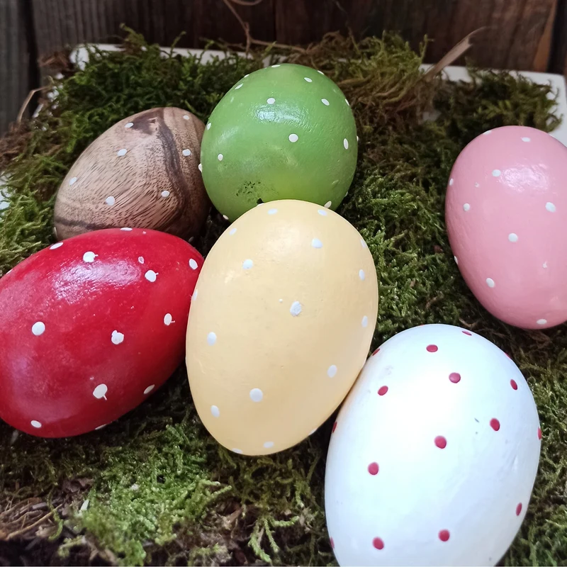 6 kleine Ostereier aus Holz bunt mit Punkten - Holzeier als Osterdeko