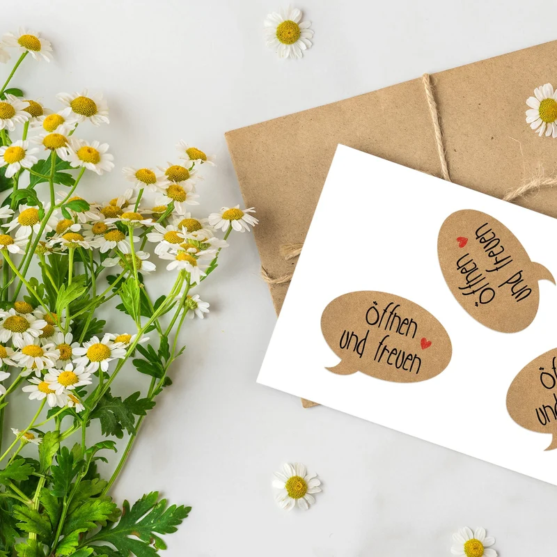 200 Geschenkaufkleber auf Rolle ÖFFNEN UND FREUEN - Kraftpapier-Optik - 5 x 3,5 cm