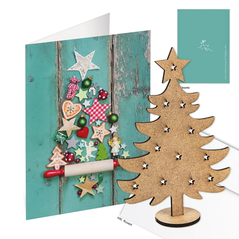 3 Weihnachtskarten DIN A6 Klappkarten mit Umschlag – türkis-blau mit Mini-Weihnachtsbaum aus Holz