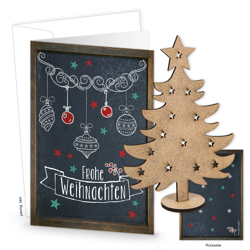 10 Weihnachtskarten DIN A6 Klappkarten mit Umschlag – zum Bedrucken, mit Holzbaum zum Stecken