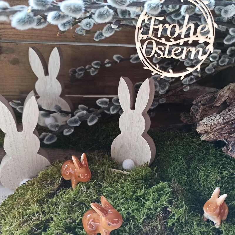 Osterdeko Set - 12 Holzanhänger zu Ostern Häuschen + Hase + Huhn