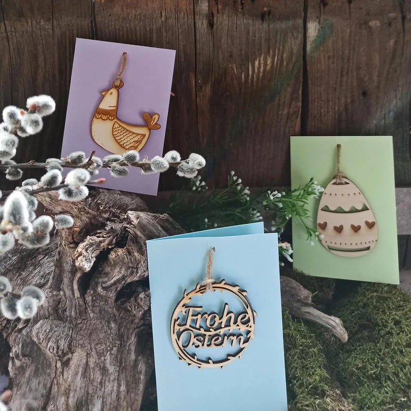 Osterdeko Set - 12 Holzanhänger zu Ostern Häuschen + Hase + Huhn